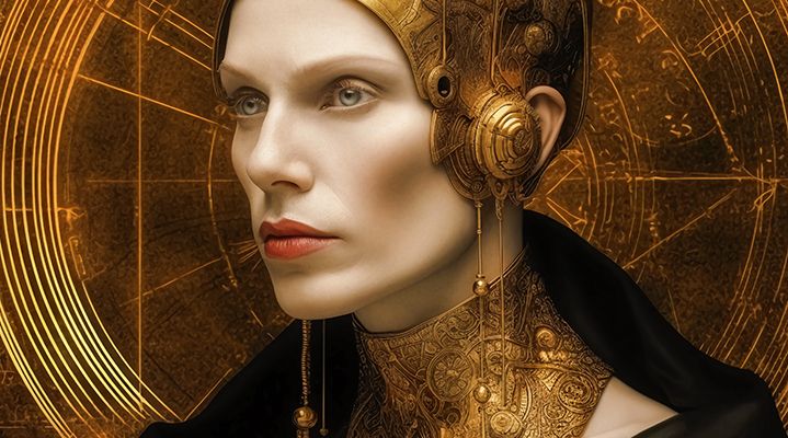 Retrato de un hombre futurista con un casco dorado y al fondo un gran círculo dorado.