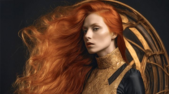 Retrato de mujer pelirroja de perfil con una larga melena al viento