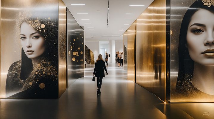 Visión general del museo dorado con imágenes ampliadas de retratos femeninos.