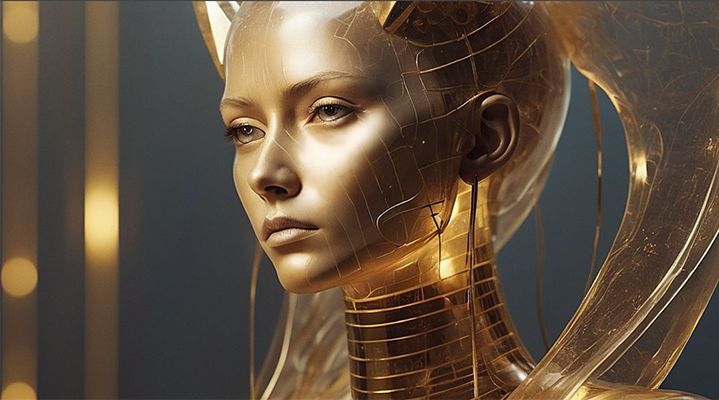 Un estatua dorada y vitrificada con cista en 3/4, es muy joven y bella y tiene un aspecto futurista.