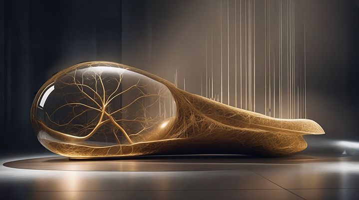 Escultura con forma alargada tumbada en el sueño con una esfera de vidrio que alberga una especie de dendrita.