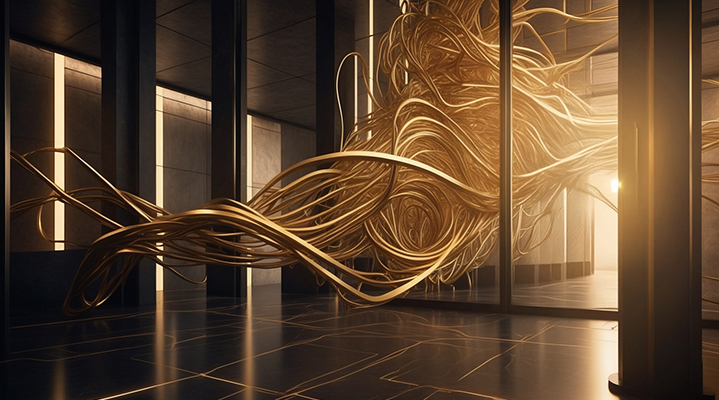 La imagen muestra una gran escultura abstracta compuesta por hilos metálicos rígidos dorados que atraviesan una gran puerta para adentrarse en el hall.