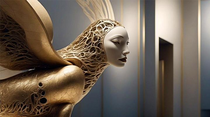 Emergencia estética en la era de la IA.,Hibridación humano-máquina en clave dorada.,Tecnoestética aplicada al arte digital.,Museo online de arte generativo y simbólico.,Esculturas virtuales en diálogo con algoritmos.,Poéticas visuales de la hibridación tecnológica.,Arte generativo como laboratorio simbólico.,IA creativa como motor de nuevas sensibilidades.,Fusión entre cosmos simbólico y algoritmos.,Prácticas artísticas en la era posthumana.,Sinfonía visual entre minimalismo,caos y luz dorada.,Un museo virtual que reinventa lo clásico con IA y estética dorada.,Contemplación estética que amplía conciencia más allá de lo material.,Conexión visual entre cuerpo humano,abstracción y sensibilidad digital.